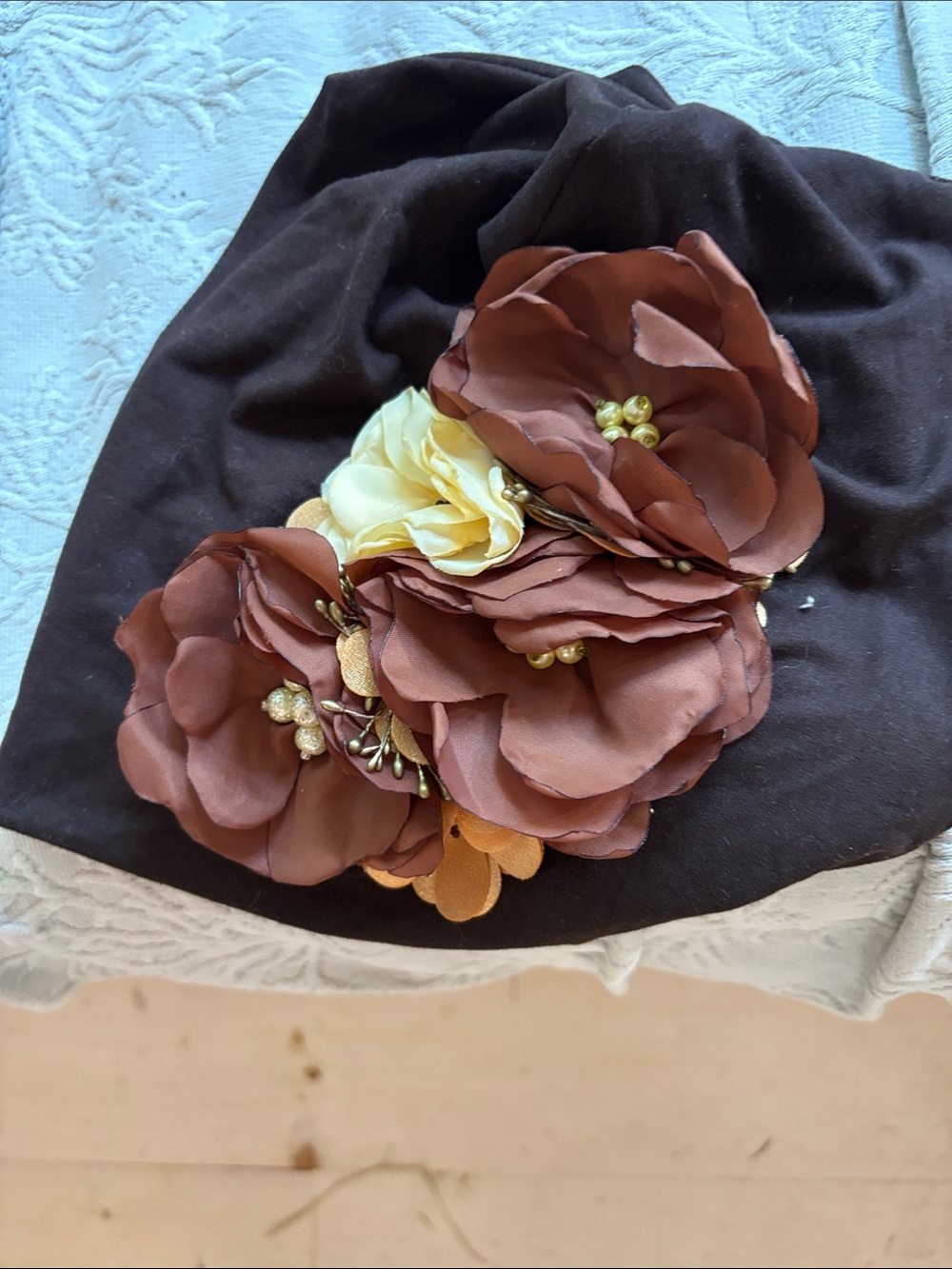Brown Floral Accent Women's Beanie Hat with Cream Flower